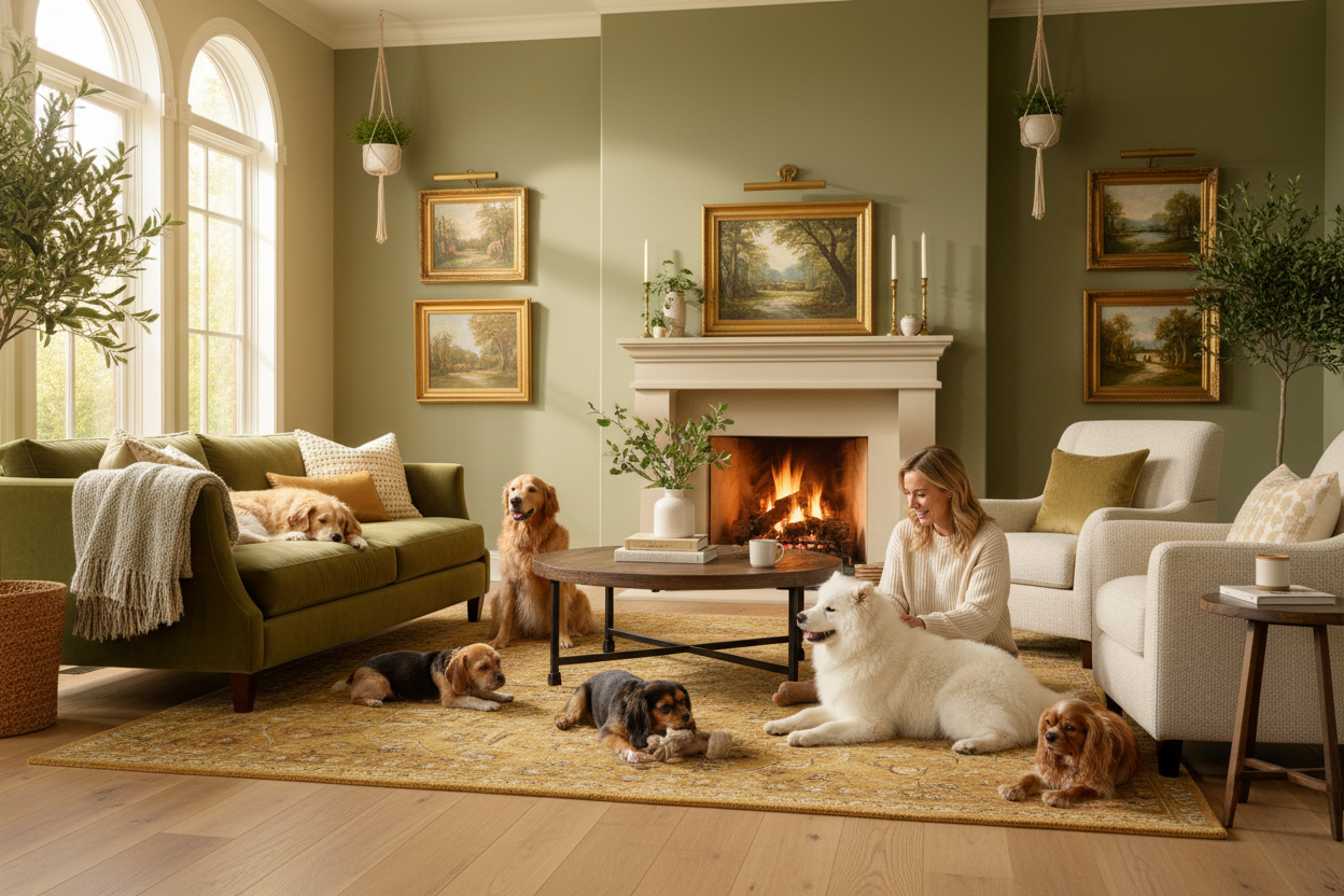 Happy dogs relaxing and playing together in a cozy upscale home living room with warm golden light