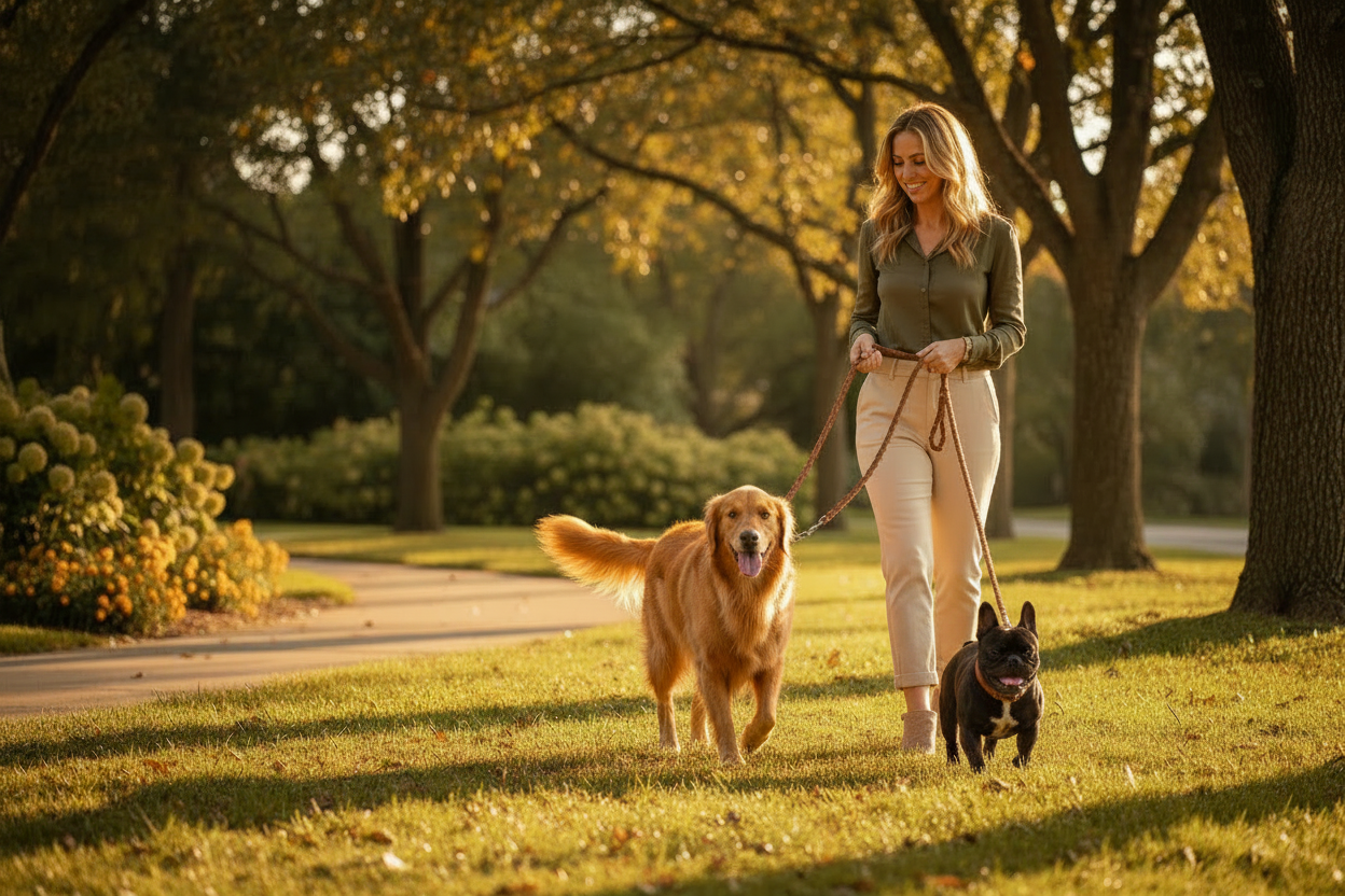 Woman walking a golden retriever and a French bulldog on a sunny tree-lined park path